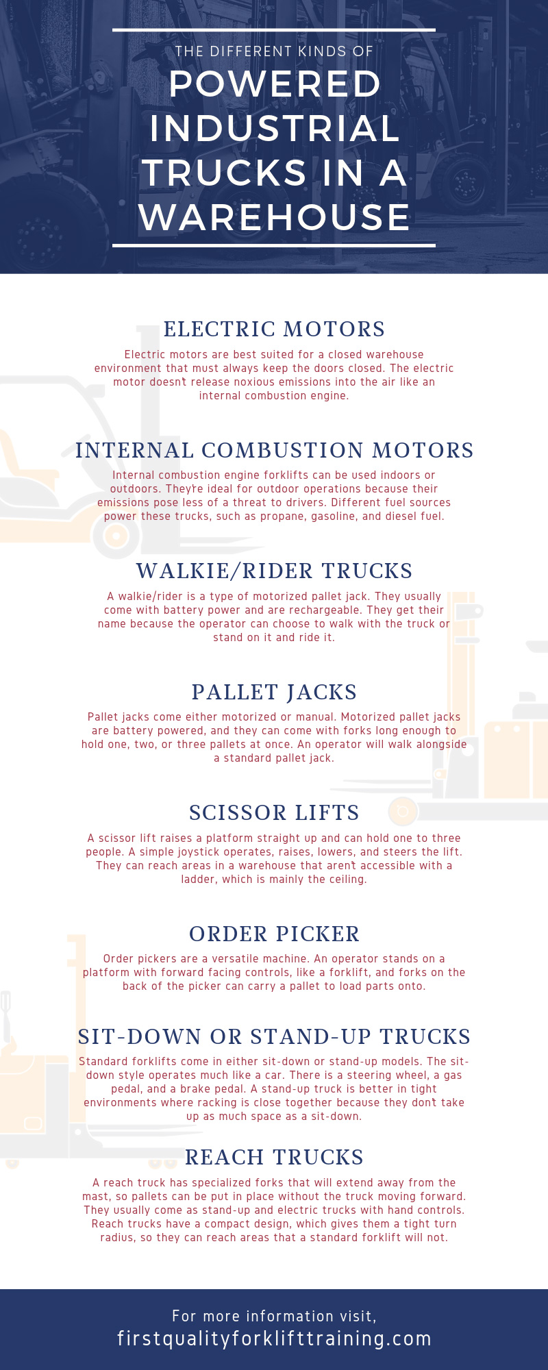 The Different Kinds of Powered Industrial Trucks in a Warehouse infographic