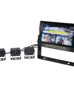 Close up of Monitor showing left rear, right rear, and directly behind forklift operator view. Provides 170 degree view. Also shows 3 cameras connected to display